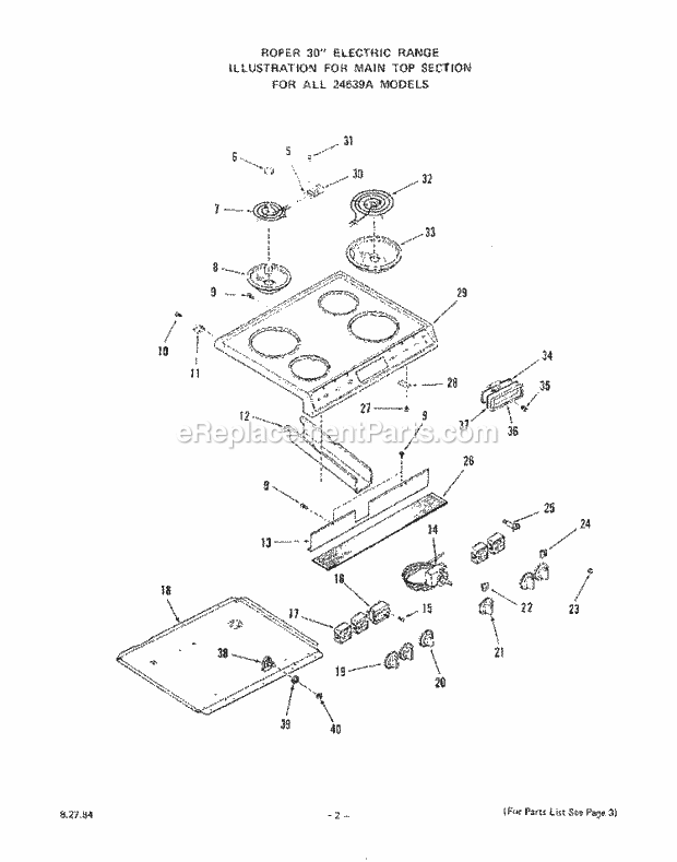 Whirlpool 2453^9A Electric Range Main Top Diagram