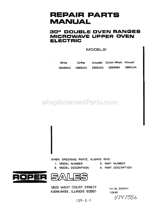 Whirlpool 2893^0A Double Oven Electric Range Page K Diagram