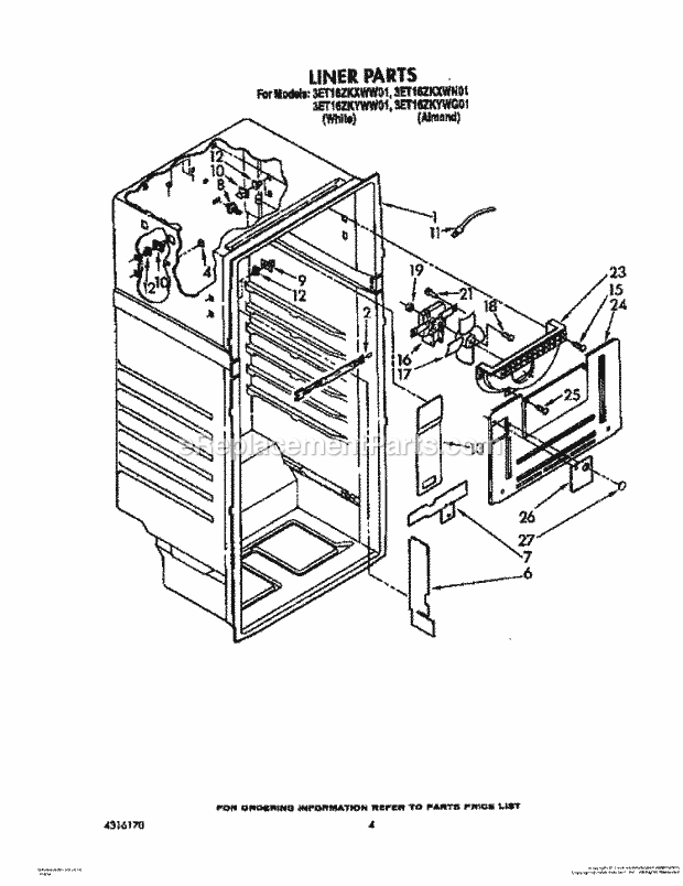 Whirlpool 3ET16ZKYWW01 Refrigerator Liner Diagram