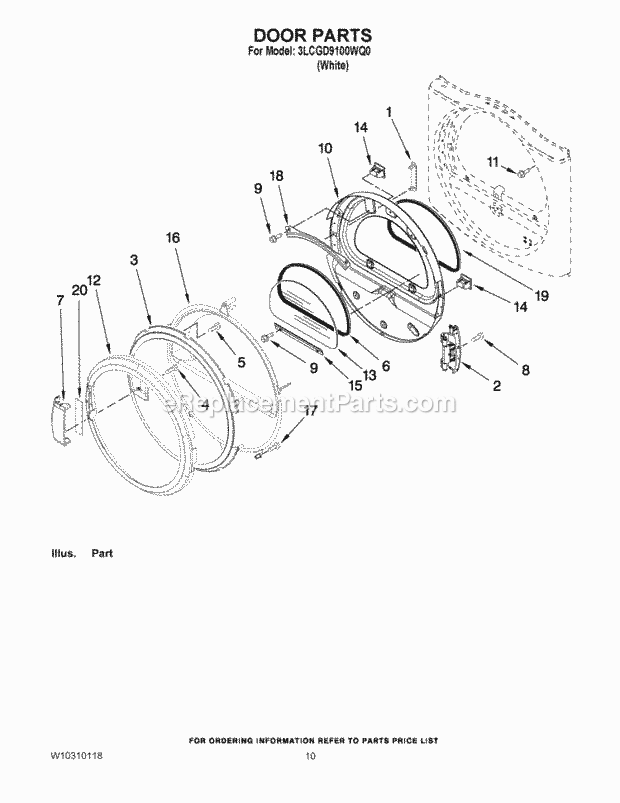 Whirlpool 3LCGD9100WQ0 Commercial Gas Dryer Door Parts Diagram