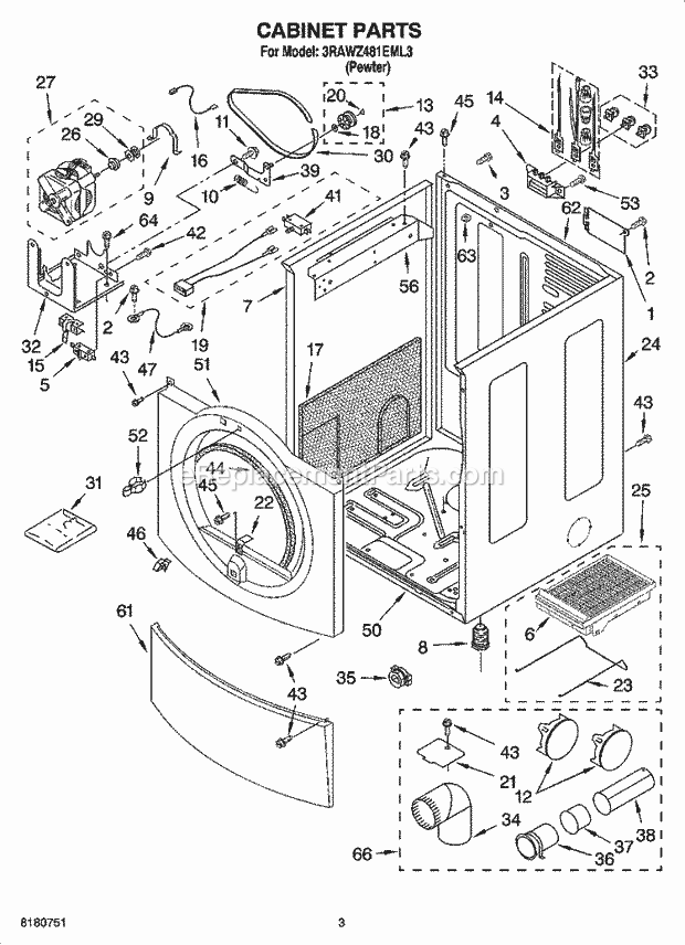 Whirlpool 3RAWZ481EML3 Residential Dryer Cabinet Parts Diagram