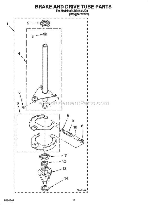 Whirlpool 3RLBR8543JQ3 Residential Washer Brake and Drive Tube Parts Diagram