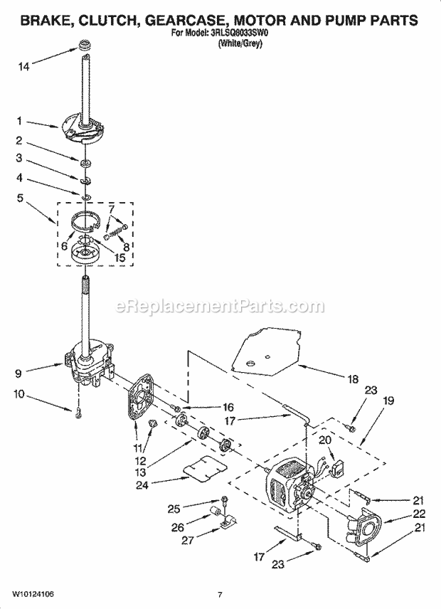 Whirlpool 3RLSQ8033SW0 Residential Washer Brake, Clutch, Gearcase, Motor and Pump Parts Diagram