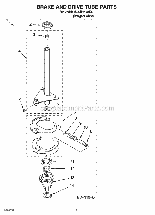 Whirlpool 3SLSR6233MQ3 Residential Washer Brake and Drive Tube Parts Diagram