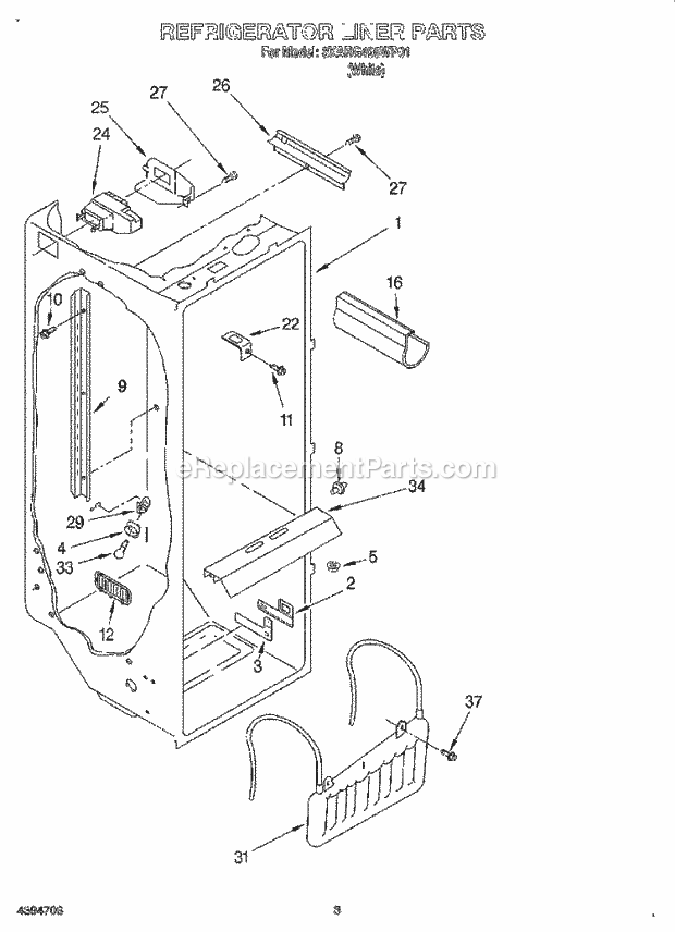 Whirlpool 3XARG498WP01 Side-By-Side Kitchen Refrigerator Refrigerator Liner Diagram