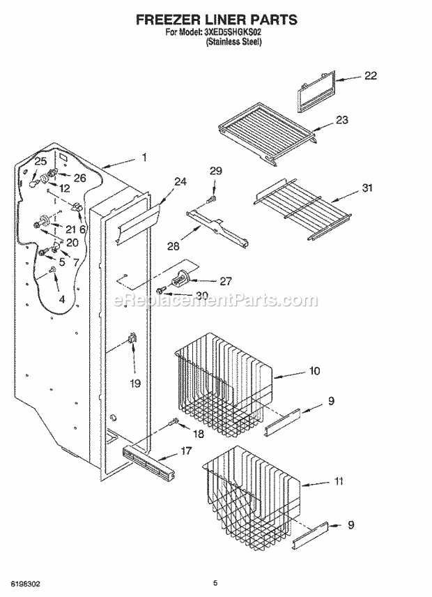 Whirlpool 3XED5SHGKS02 Side-By-Side Refrigerator Freezer Liner Parts Diagram