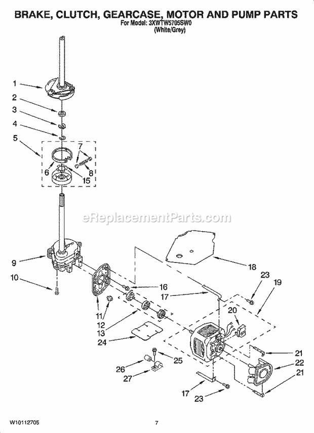 Whirlpool 3XWTW5705SW0 Residential Washer Brake, Clutch, Gearcase, Motor and Pump Parts Diagram