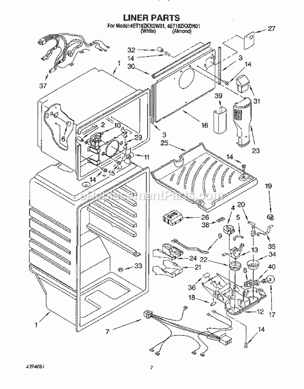 Whirlpool 4ET18ZKXDW01 Top Freezer Refrigerator Liner Diagram