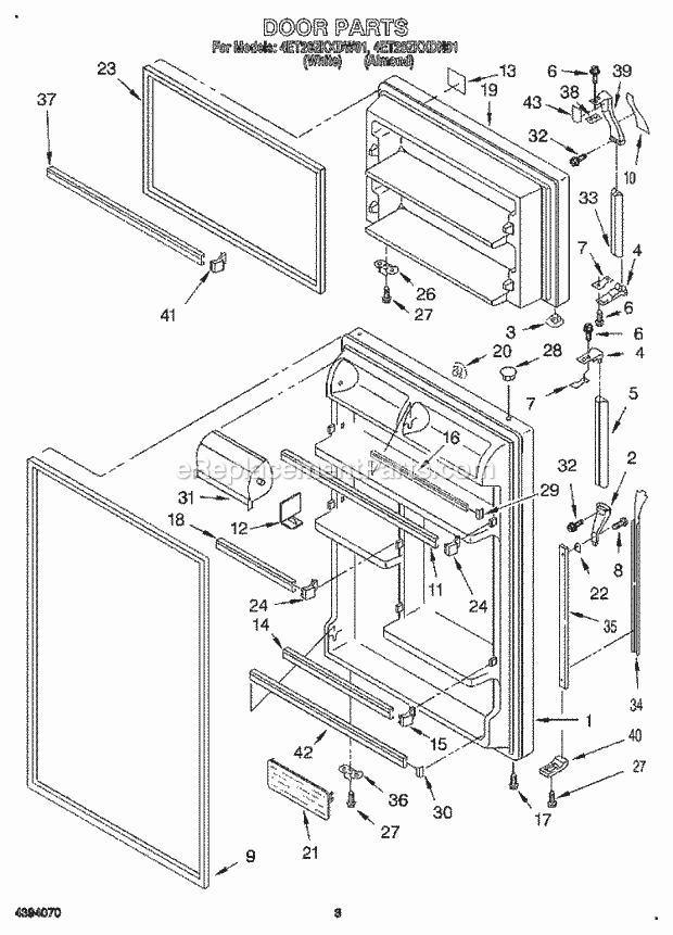 Whirlpool 4ET20ZKXDN01 Top Freezer Refrigerator Door Diagram