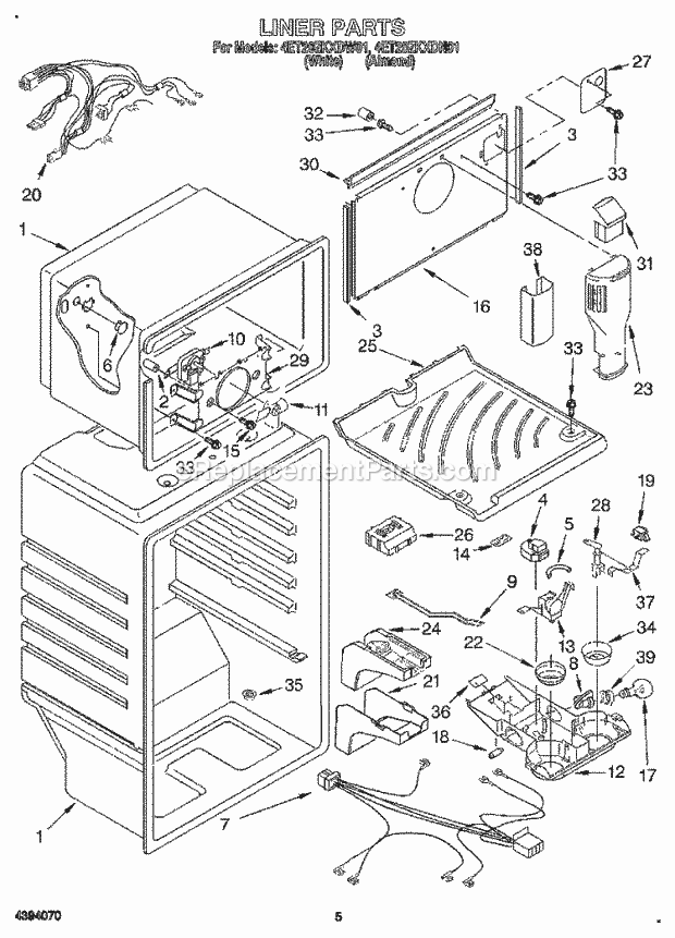 Whirlpool 4ET20ZKXDN01 Top Freezer Refrigerator Liner Diagram