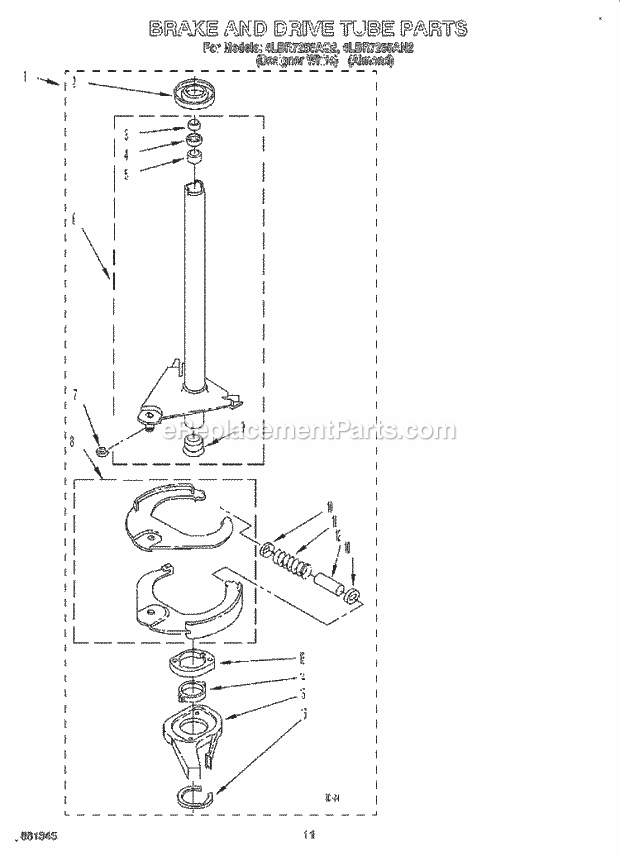 Whirlpool 4LBR7255AQ2 Washer Brake and Drive Tube Diagram