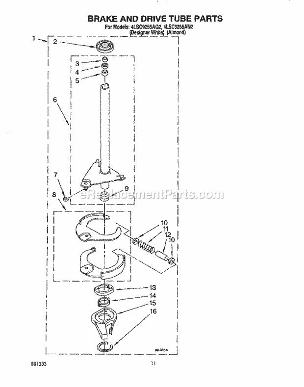 Whirlpool 4LSC9255AN2 Washer Brake and Drive Tube Diagram