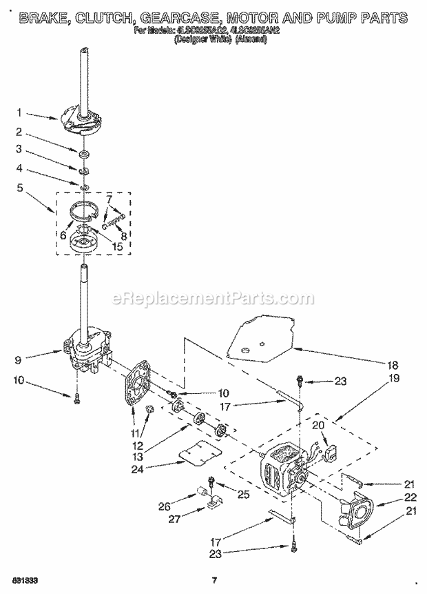 Whirlpool 4LSC9255AN2 Washer Brake, Clutch, Gearcase, Motor and Pump Diagram