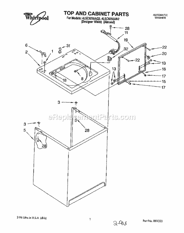 Whirlpool 4LSC9255AN2 Washer Top and Cabinet Diagram