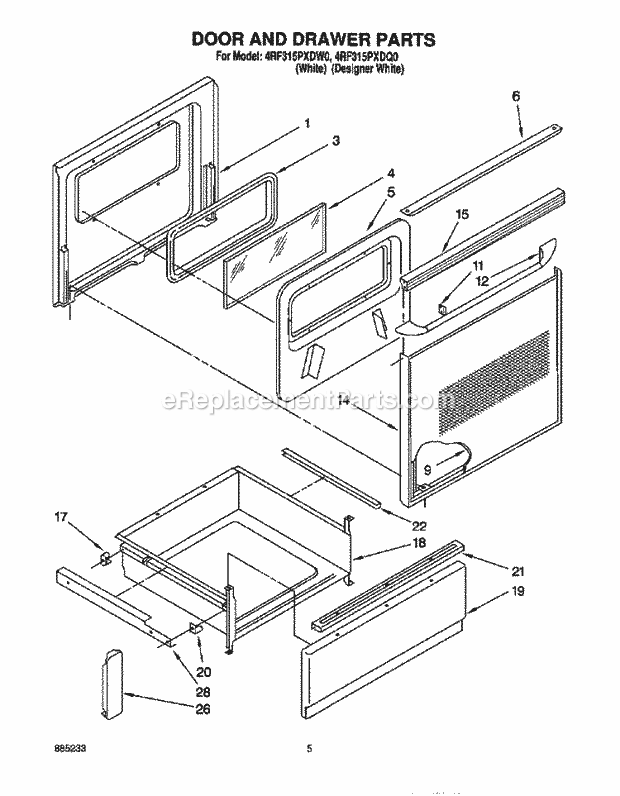 Whirlpool 4RF315PXDW0 Freestanding Electric Range Door and Drawer Diagram