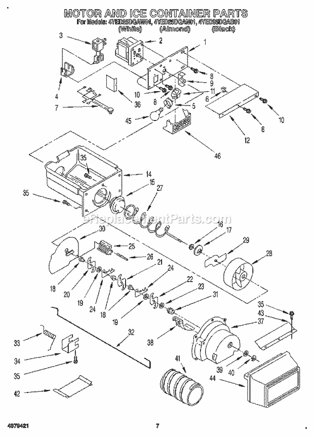 Whirlpool 4YED25DQAB01 Side-By-Side Refrigerator Motor and Ice Container Diagram