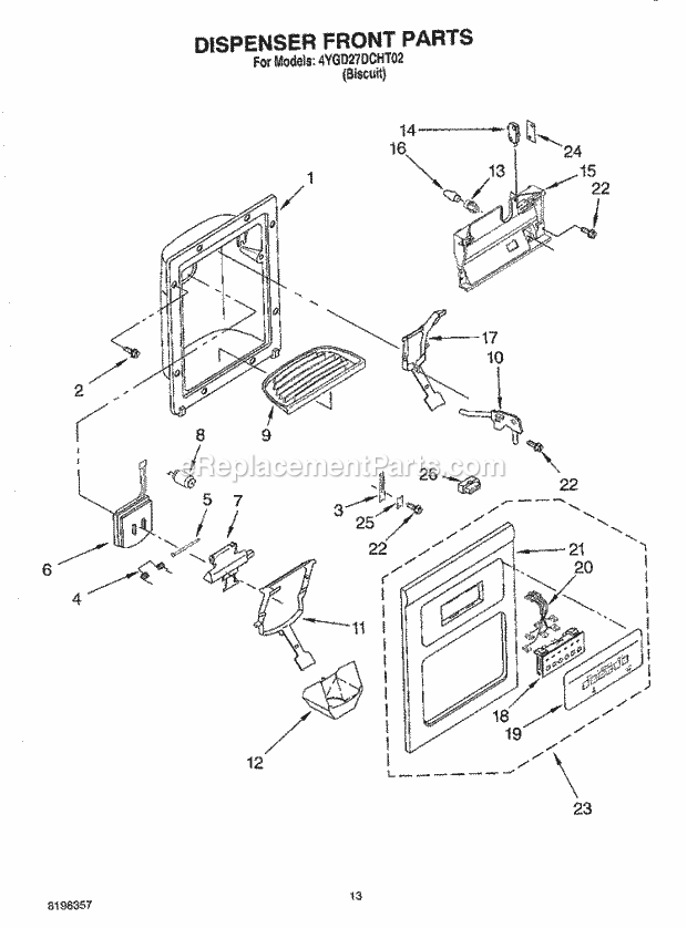 Whirlpool 4YGD27DCHT02 Side-By-Side Refrigerator Dispenser Front Diagram