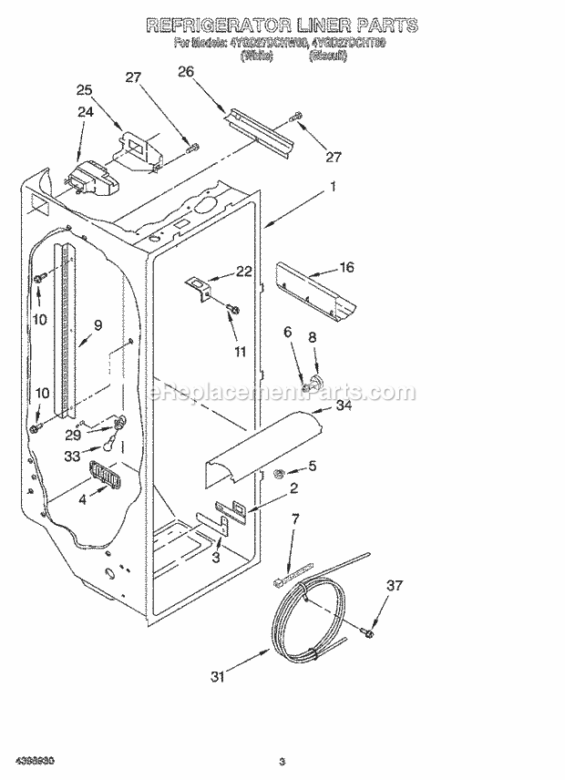 Whirlpool 4YGD27DCHW00 Side-By-Side Refrigerator Refrigerator Liner Diagram