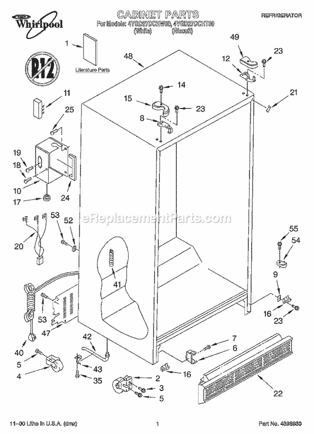 Whirlpool 4YGD27DCHW00 Side-By-Side Refrigerator Cabinet, Literature Diagram