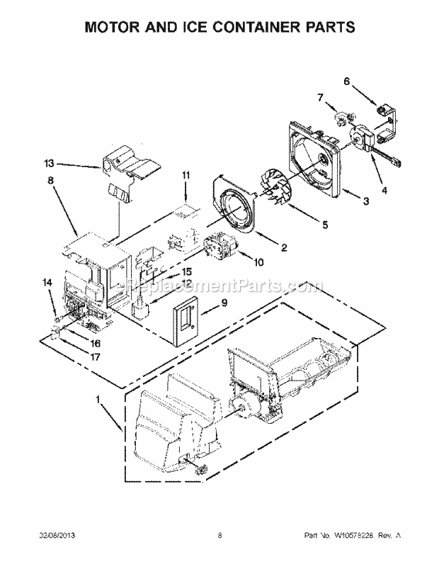 Whirlpool 5GI6FARAF001 Refrigerator Motor and Ice Container Parts Diagram