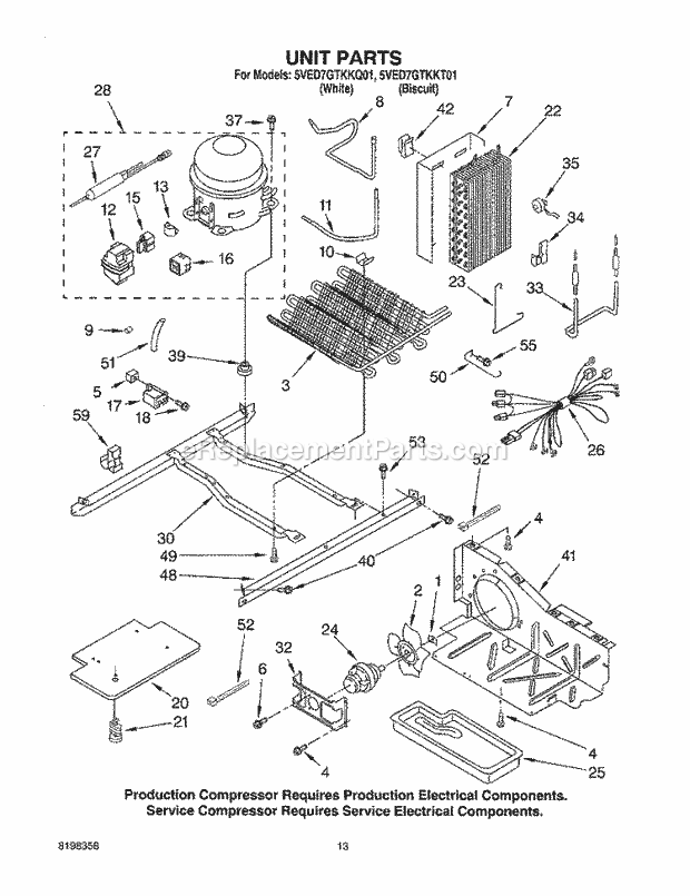 Whirlpool 5VED7GTKKQ01 Side-By-Side Refrigerator Unit Parts, Parts Not Illustrated Diagram