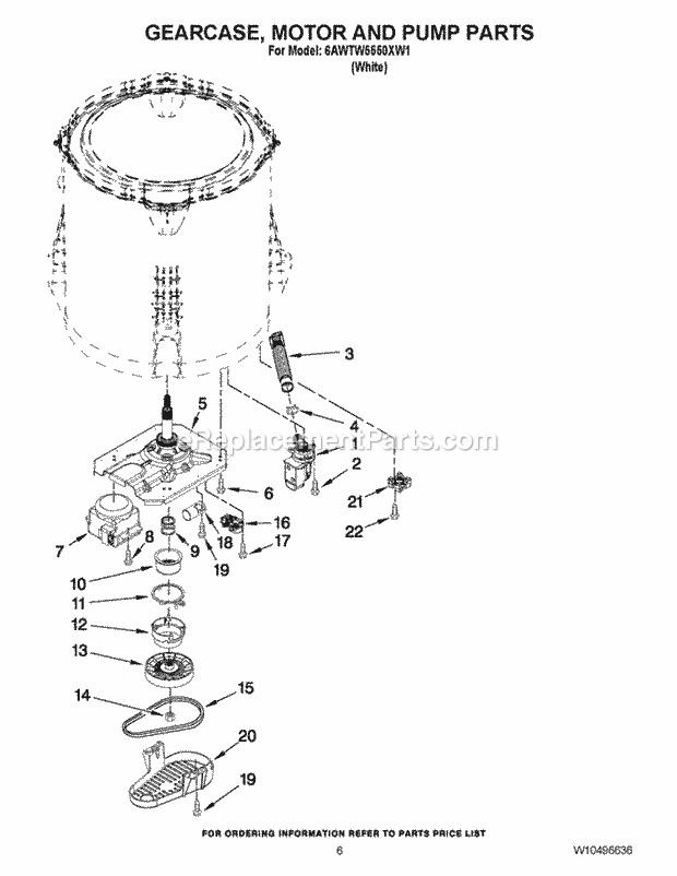 Whirlpool 6AWTW5550XW1 Automatic Washer Gearcase, Motor and Pump Parts Diagram