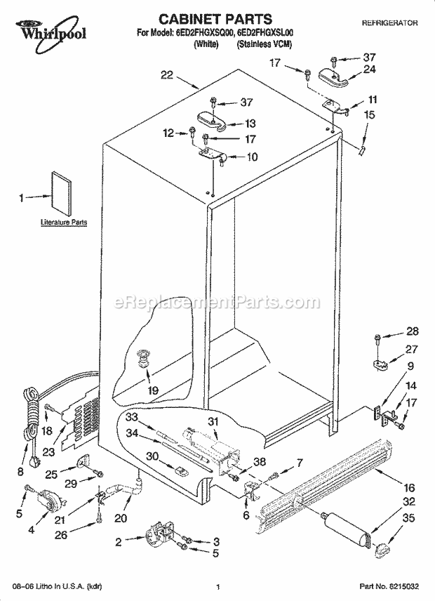 Whirlpool 6ED2FHGXSL00 Side-By-Side Refrigerator Cabinet Parts Diagram