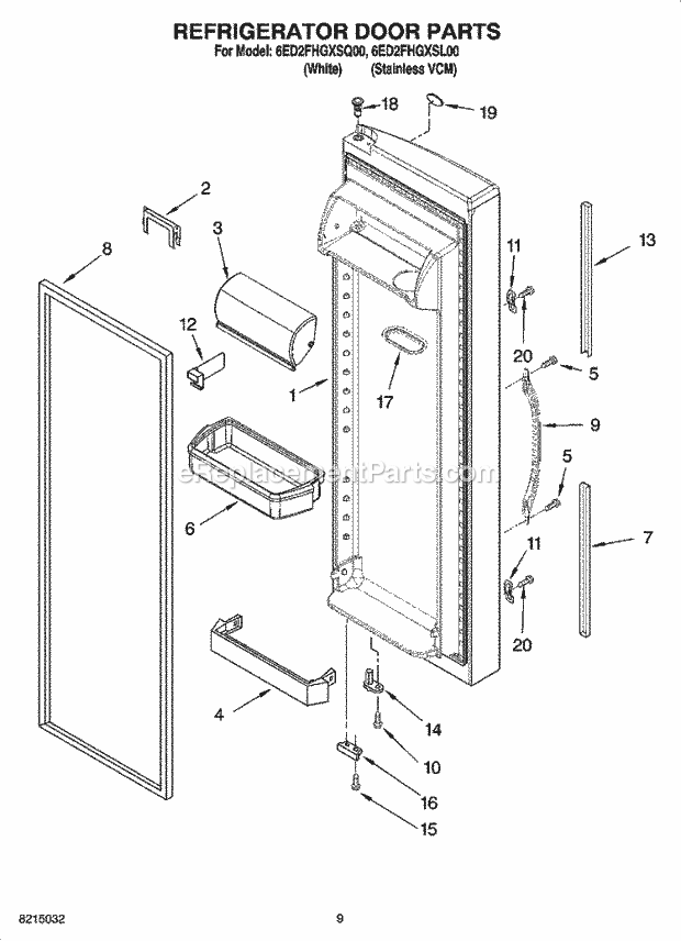 Whirlpool 6ED2FHGXSL00 Side-By-Side Refrigerator Refrigerator Door Parts Diagram