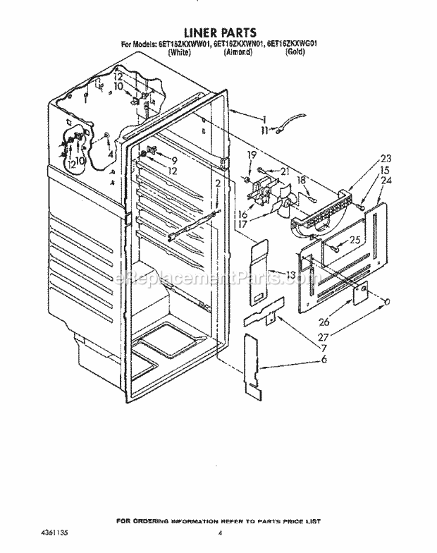 Whirlpool 6ET16ZKXWG01 Refrigerator Liner Diagram