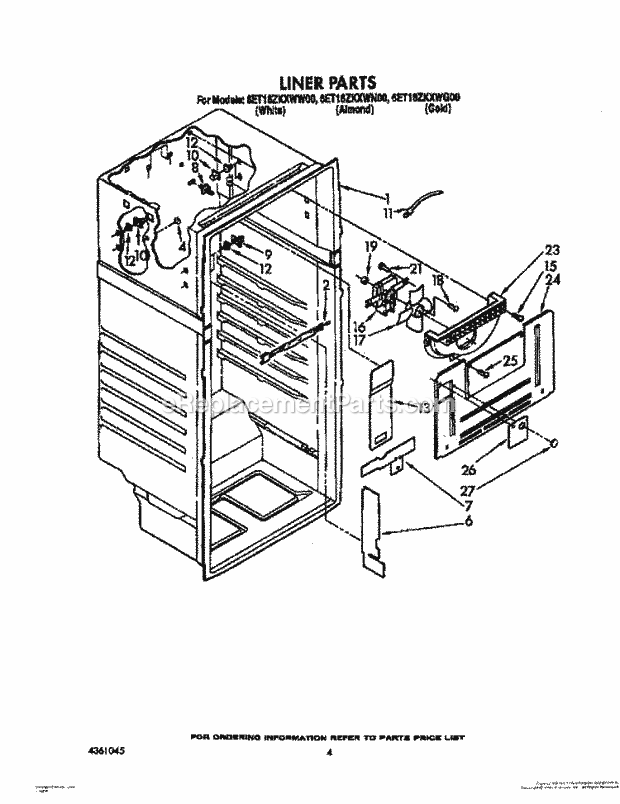 Whirlpool 6ET16ZKXWW00 Top Freezer Refrigerator Liner Diagram