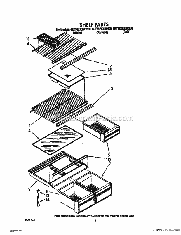 Whirlpool 6ET16ZKXWW00 Top Freezer Refrigerator Shelf Diagram