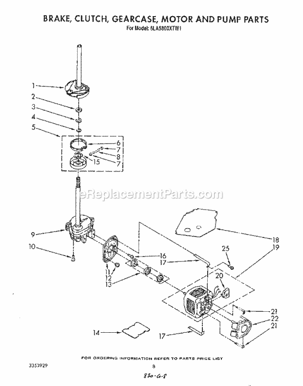 Whirlpool 6LA5800XTM1 Washer Brake, Clutch, Gearcase, Motor and Pump Diagram