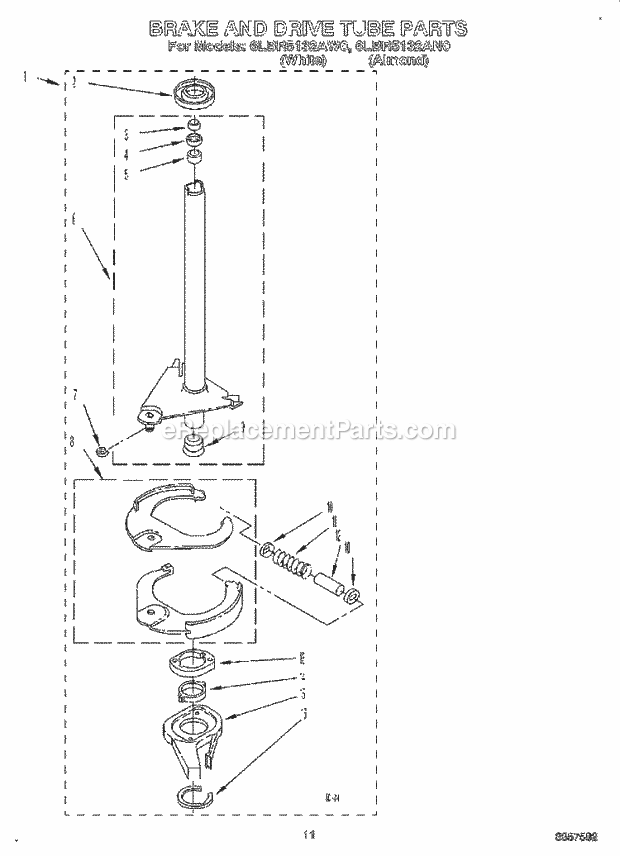 Whirlpool 6LBR5132AW0 Washer Brake and Drive Tube Diagram