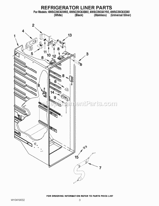 Whirlpool 6WSC20C6XB02 Side-By-Side Refrigerator Refrigerator Liner Parts Diagram