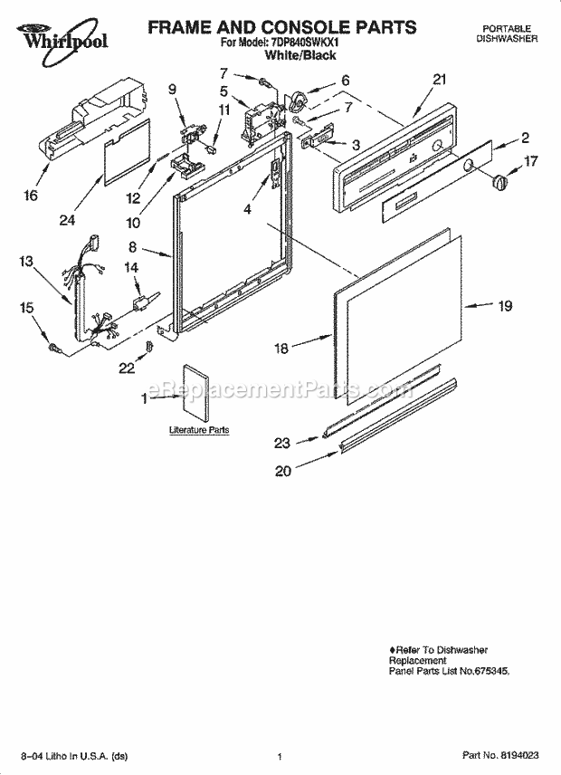 Whirlpool 7DP840SWKX1 Dishwasher Frame and Console Parts Diagram