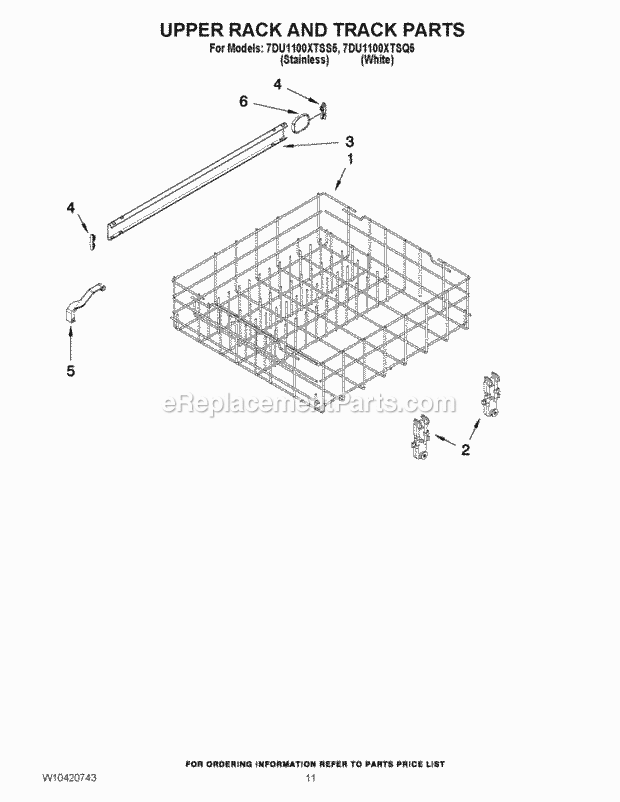 Whirlpool 7DU1100XTSS5 Undercounter Dishwasher Upper Rack and Track Parts Diagram