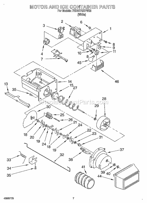 Whirlpool 7ED20TQXFW03 Side-By-Side Refrigerator Motor and Ice Container Diagram