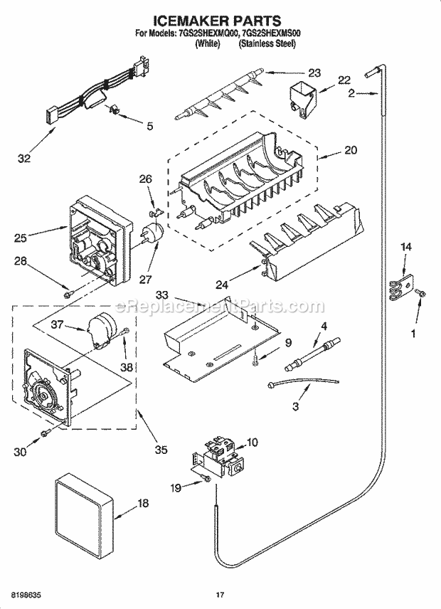 Whirlpool 7GS2SHEXMS00 Side-By-Side Refrigerator Icemaker Parts Diagram