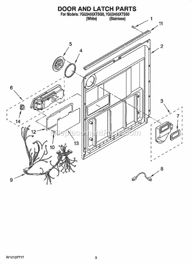 Whirlpool 7GU2455XTSS0 Dishwasher Door and Latch Parts Diagram