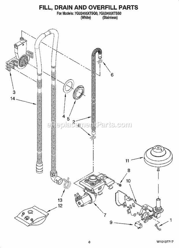 Whirlpool 7GU2455XTSS0 Dishwasher Fill, Drain and Overfill Parts Diagram