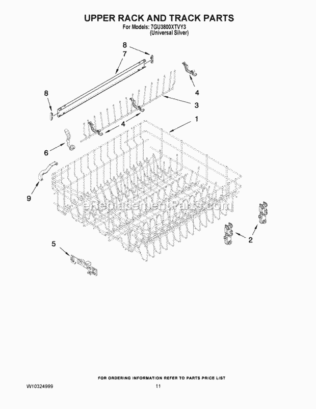 Whirlpool 7GU3800XTVY3 Undercounter Dishwasher Upper Rack and Track Parts Diagram