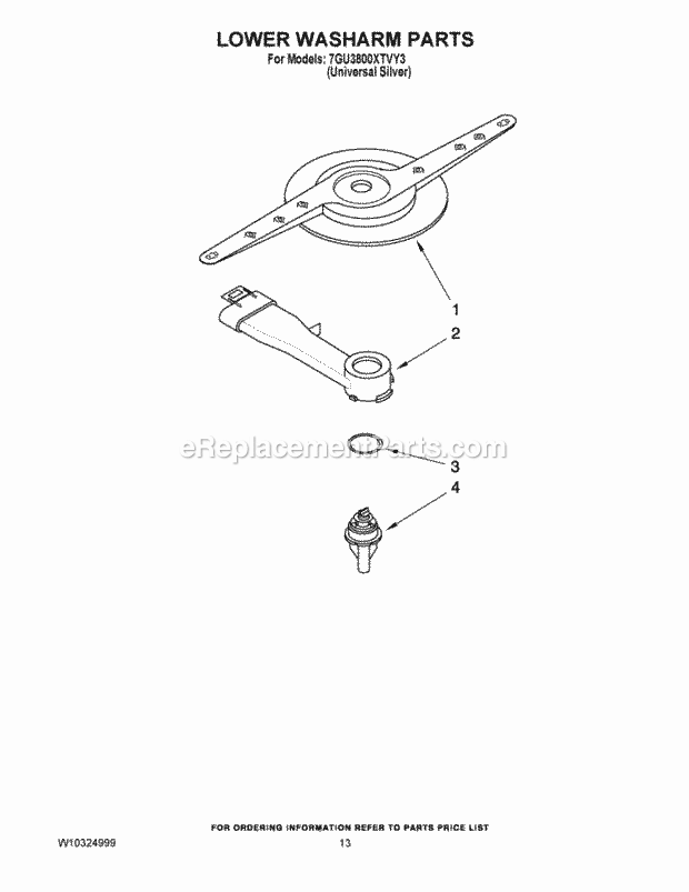 Whirlpool 7GU3800XTVY3 Undercounter Dishwasher Lower Washarm Parts Diagram