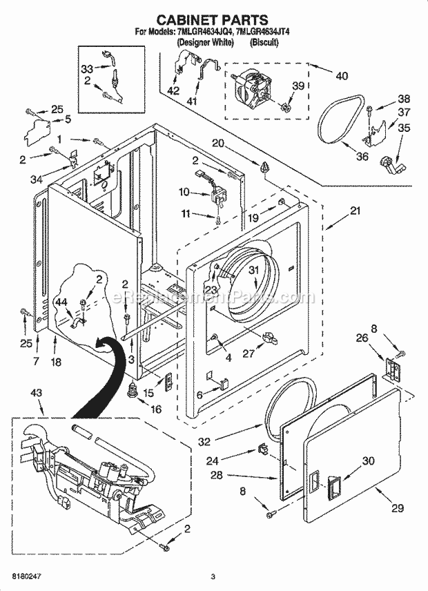 Whirlpool 7MLGR4634JT4 Residential Dryer Cabinet Parts Diagram