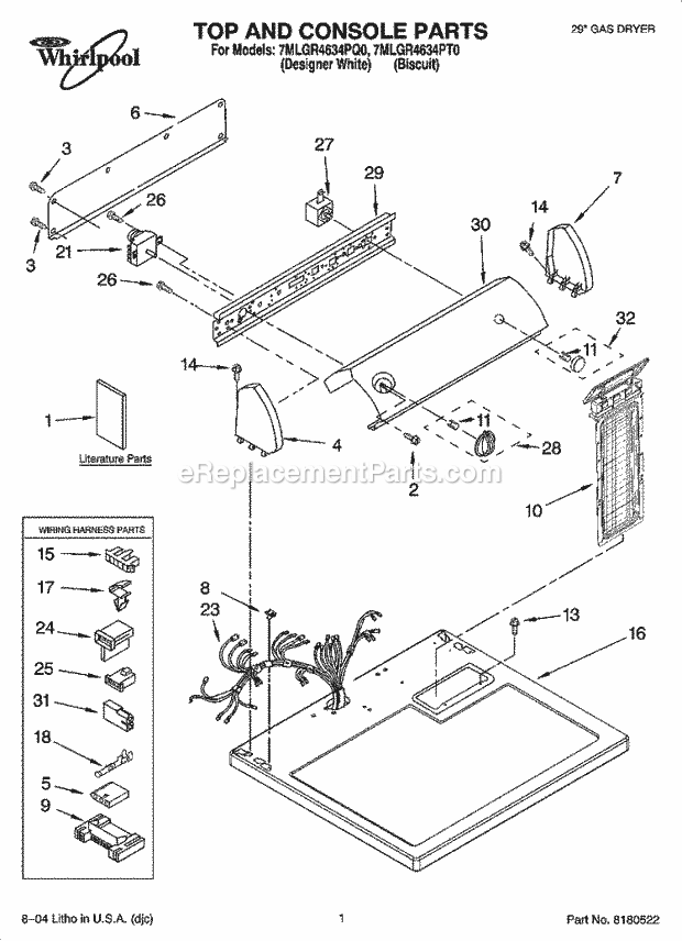 Whirlpool 7MLGR4634PT0 Residential Dryer Top and Console Parts Diagram