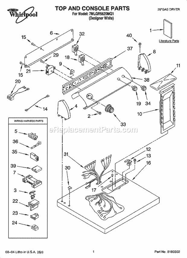 Whirlpool 7MLGR5620MQ1 Residential Dryer Top and Console Parts Diagram