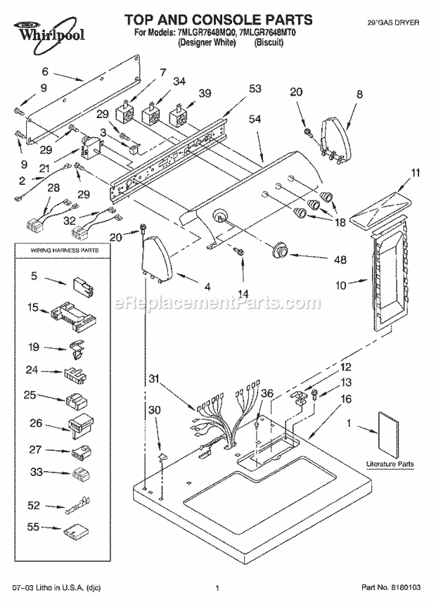 Whirlpool 7MLGR7648MT0 Residential Dryer Top and Console Parts Diagram