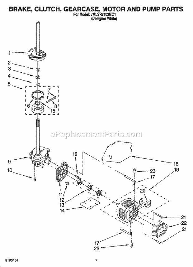 Whirlpool 7MLSR7103MQ1 Residential Washer Brake, Clutch, Gearcase, Motor and Pump Parts Diagram