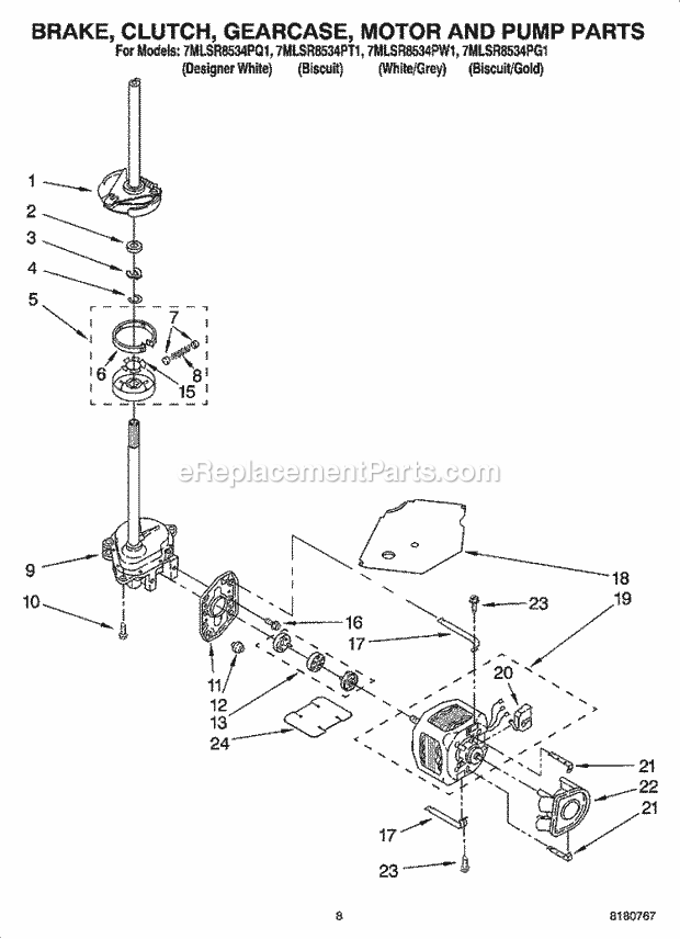 Whirlpool 7MLSR8534PT1 Residential Washer Brake, Clutch, Gearcase, Motor and Pump Parts Diagram