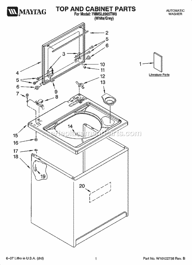 Whirlpool 7MMSL6955TW0 Washer Top and Cabinet Parts Diagram