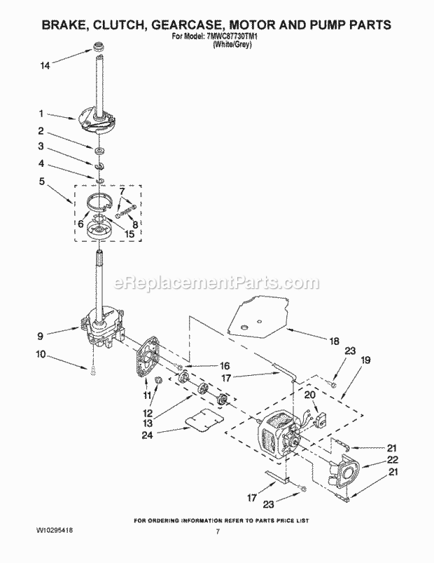 Whirlpool 7MWC87730TM1 Residential Automatic Washer Brake, Clutch, Gearcase, Motor and Pump Parts Diagram